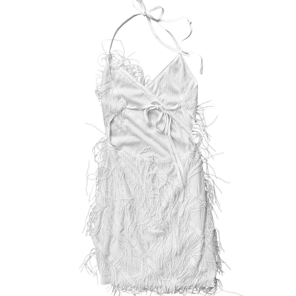 NWOT White Sequin Fringe Mini Dress V Neck Halter Gatsby Flapper Party Gown Sm - Picture 3 of 5
